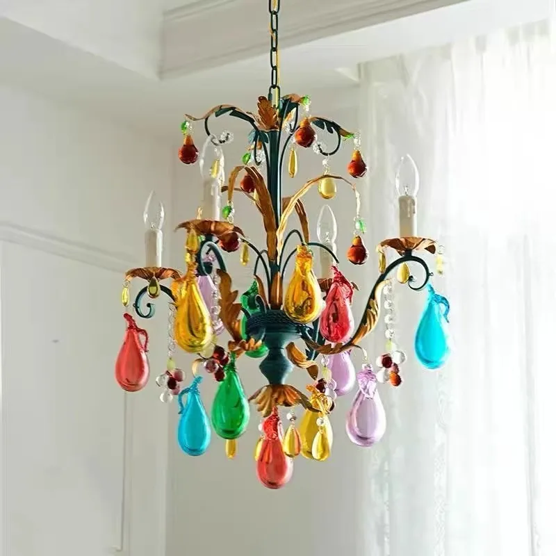 French Art Glass Restaurant Ceiling Chandelier Romantic Bedroom Hanging Lamp Retro Colorful Candle Children's room Pendant Light