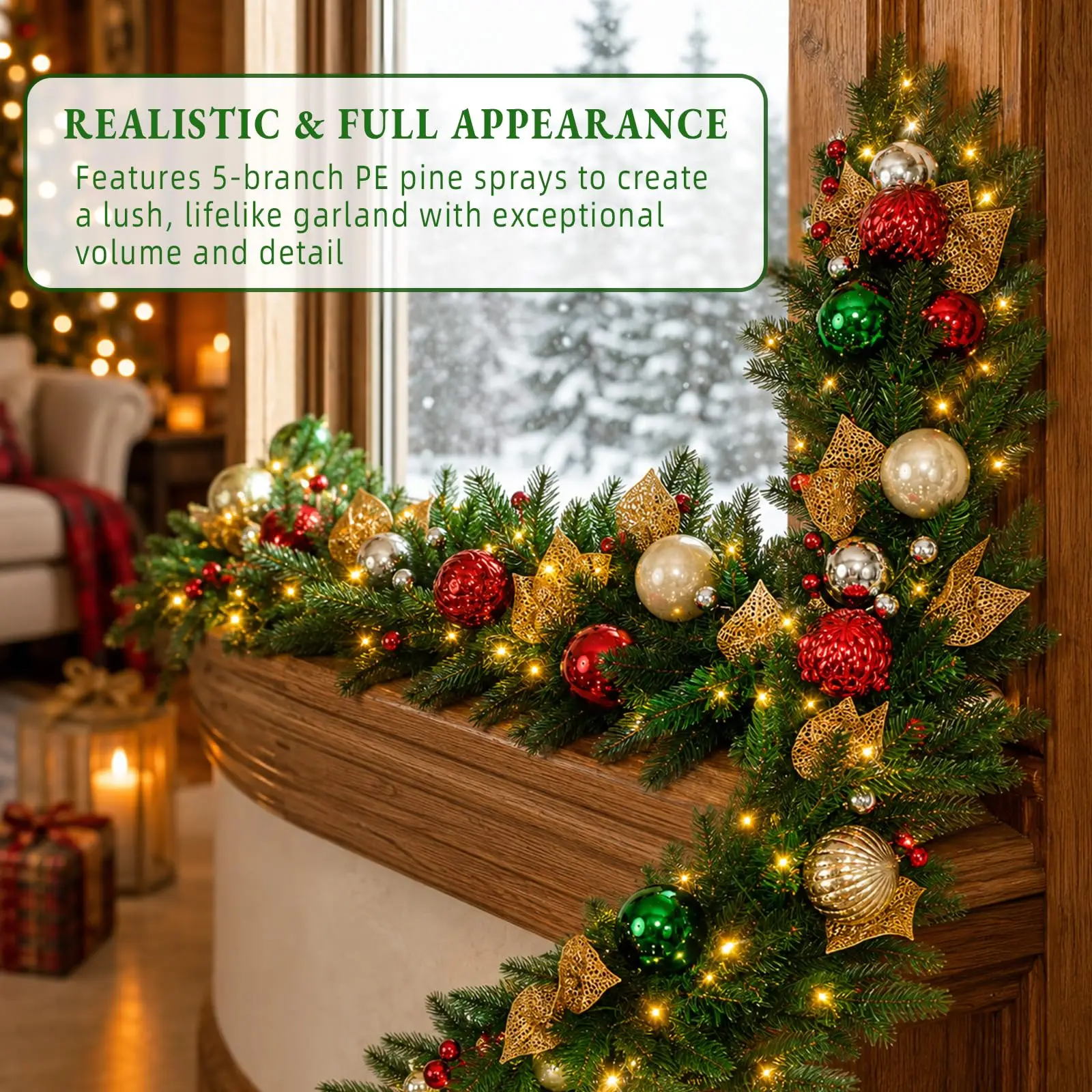 9 FT Pre-Lit Christmas Garland with 80 Warm White LED Lights and Timer, Battery Operated Artificial PE & PVC Garland
