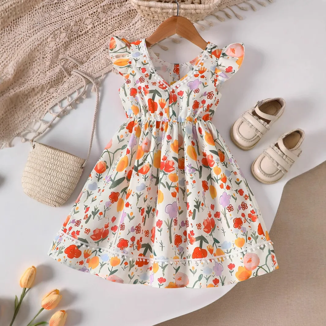 Girls' Spring/Summer Small Flying Sleeve Holiday Style Dress