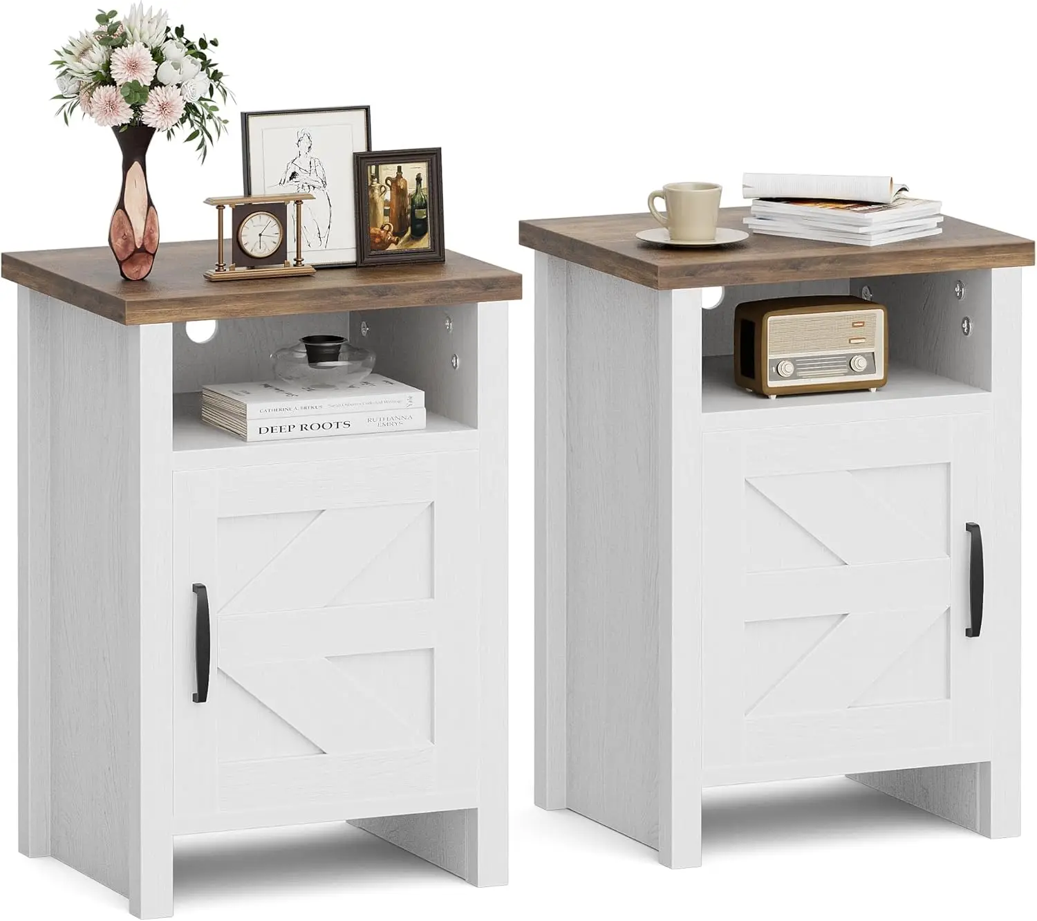 Farmhouse Nightstand with Barn Door and Shelf, Rustic End Table for Bedroom Living Room, White