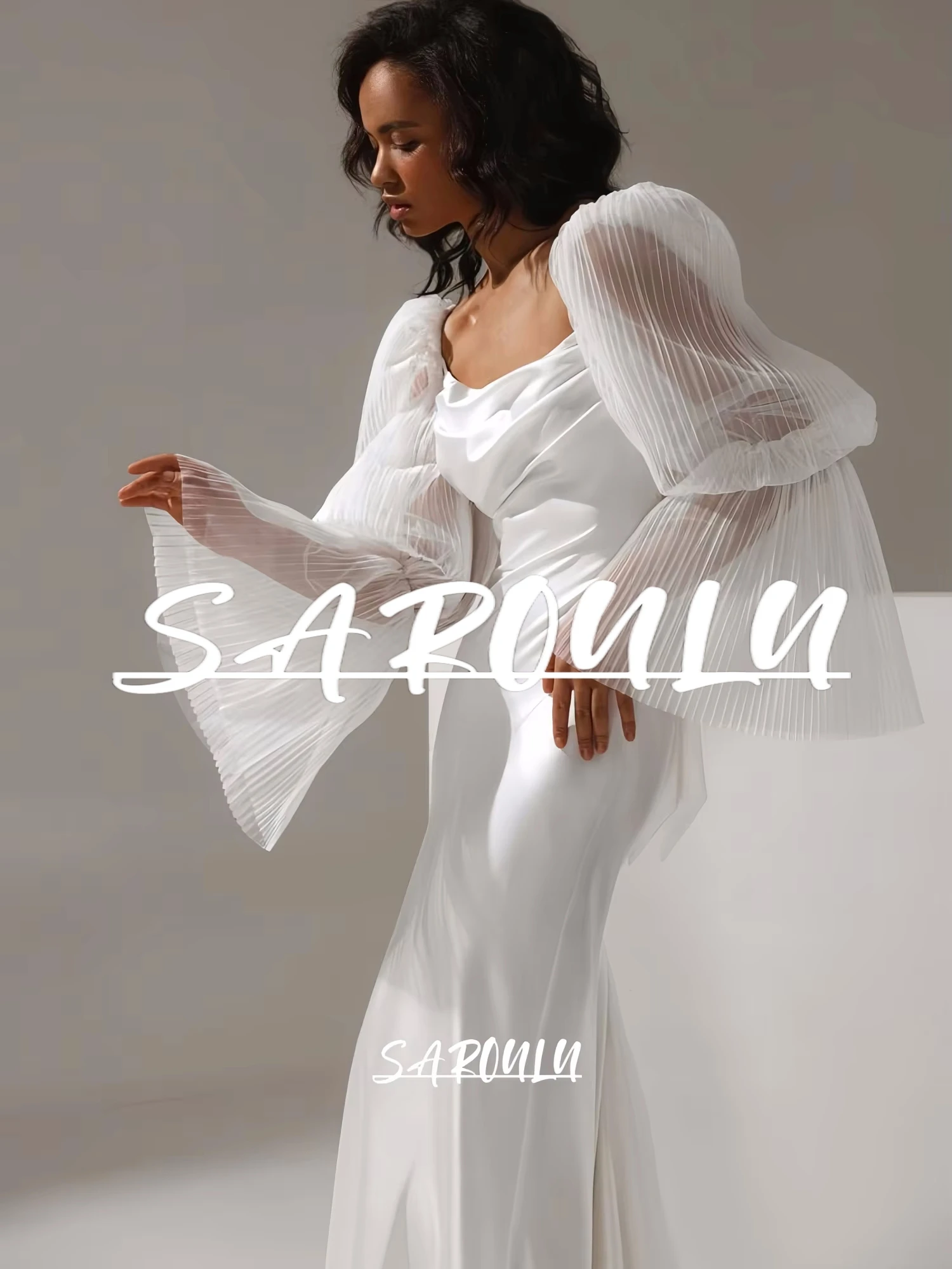 

High End Silky Satin Wedding Dress for Women Customized Long Sheath Reception Dresses Puff Long Sleeves Bridal Gown