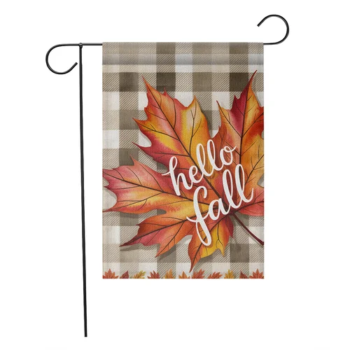 Hello Fall Garden Flag Maple Leaf Plaid Autumn Outdoor Decoration JJE DDI GGX