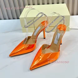 Tacchi di cristallo a punta blu in pelle lucida cinturino gioiello alla caviglia arancione Stiletto sandali estivi poco profondi scarpe Casual da festa Sexy da donna