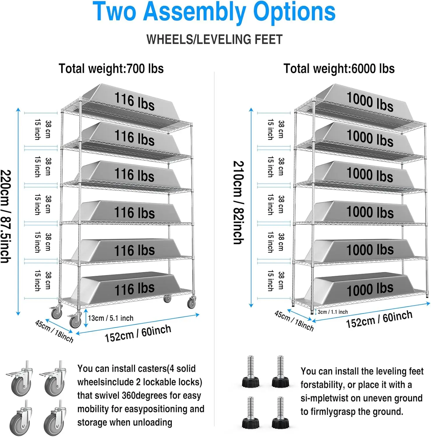 Pouseayar 6 Tier 6000Lbs Metal Shelf Wire Shelving Unit, Heavy Duty Adjustable Storage Rack With 5In Wheels And Shelf Liners -