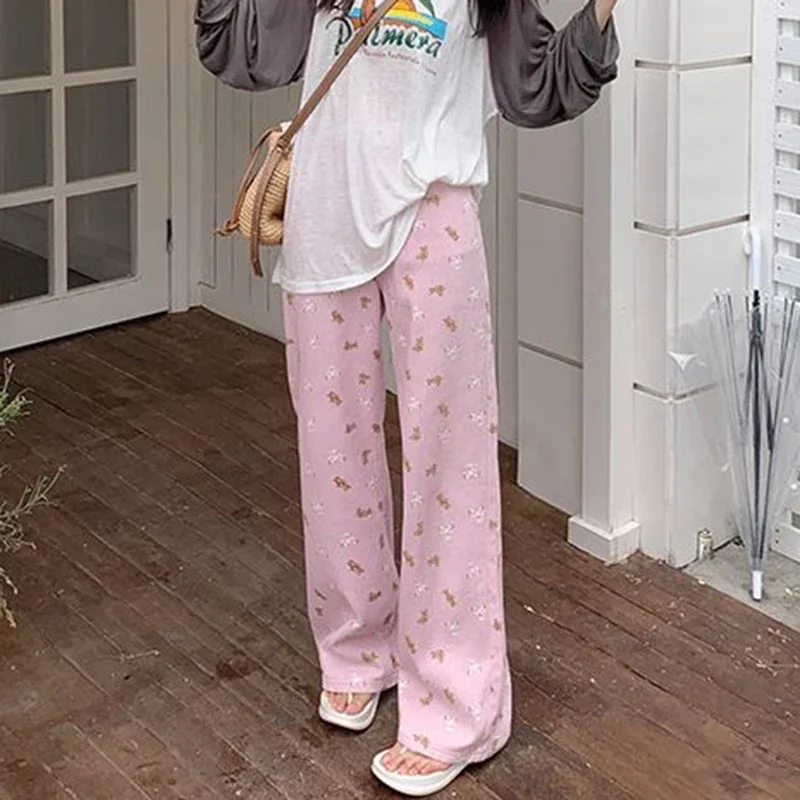 Woman New High Waist Korean Harajuku Wide Leg Jeans Female Fashion Cutecore Pants Girls Y2k Streetwear Pink White Denim Trousers