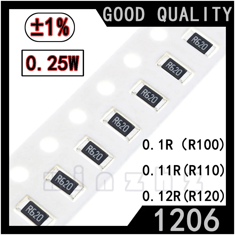 

50PCS SMD 1206 Chip Resistor 1% High Precision Chip 0.25W Fixed Resistance 0.1R 0.11R 0.12R 0.1RΩ ohm Printing R100 R110 R120