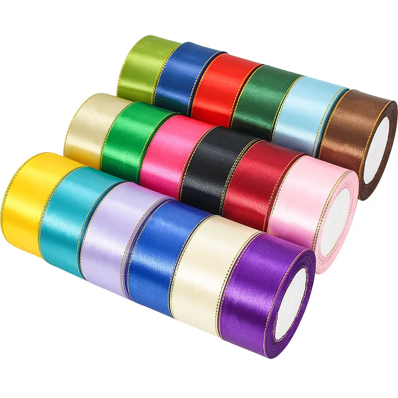 100Yds Golden Edge Satin Ribbon for Crafts Bow Handmade Gift Wrap Party Christmas Wedding Decorative Artificial Accessories 4cm