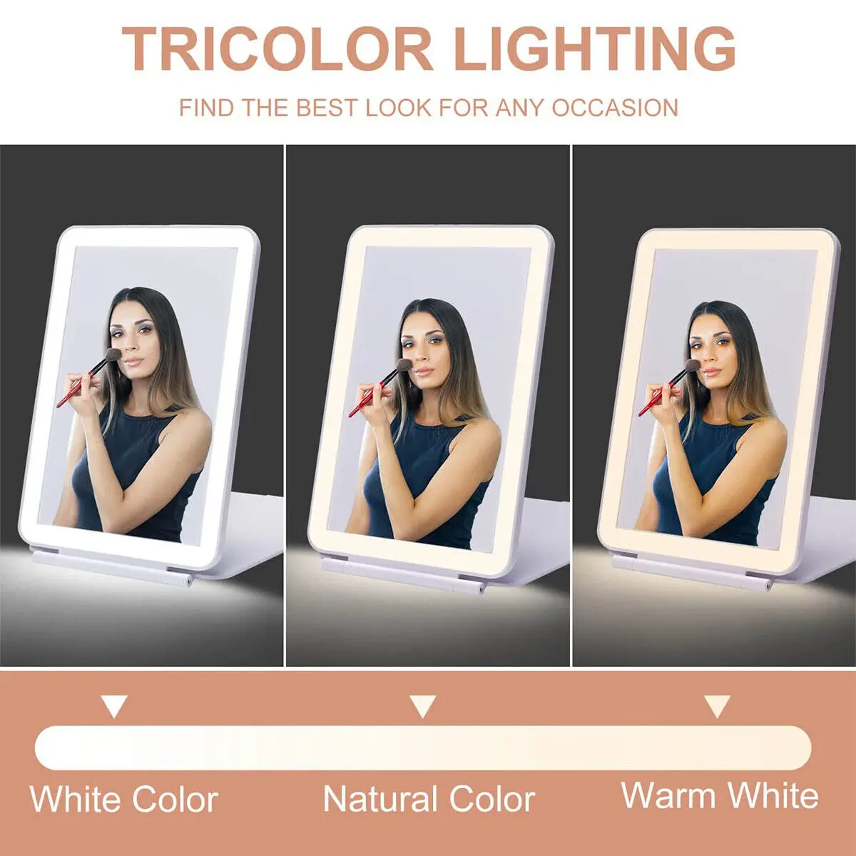 Foldable Makeup Mirror Touch Screen Makeup Mirror 3 Colors Light Modes Cosmetic Mirrors USB Rechargeable Folding LED Mirror