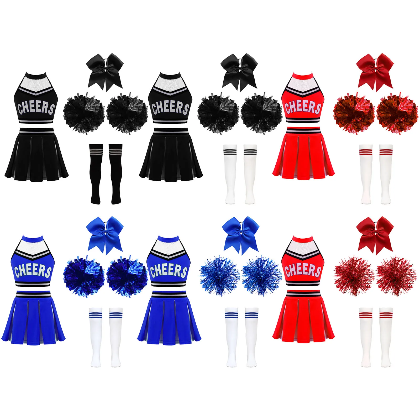 Kids Girls Cheerleader Uniform Dance Costumes Halter Neck Mesh Splice Cheers Print Crop Top with Pleated Skirt and Pompoms Sets