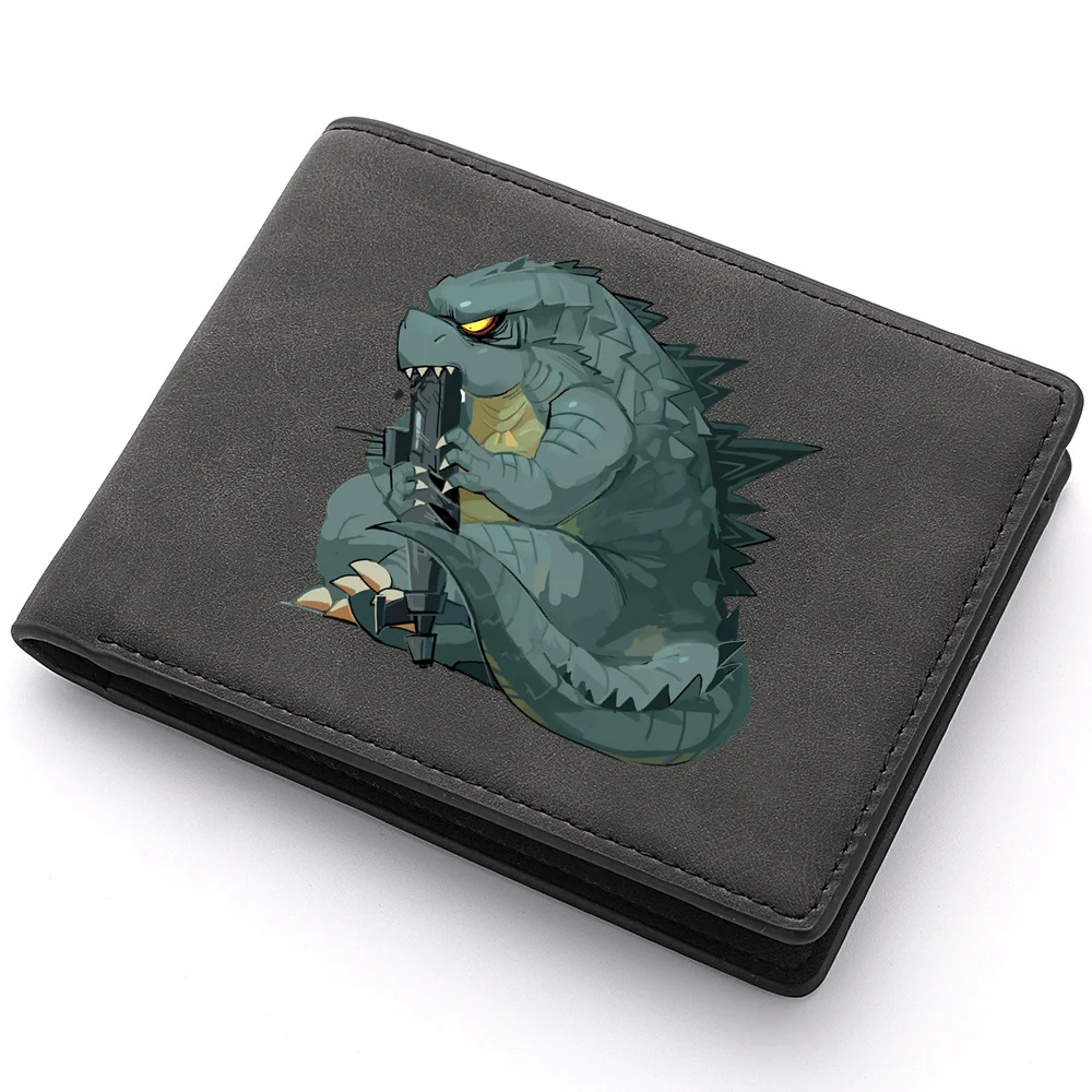 Portefeuille court en cuir PU pour homme, sac à main avec fermeture éclair, porte-photo multifonctionnel, porte-monnaie, cartes de crédit, Kawaii Monster Godzillas