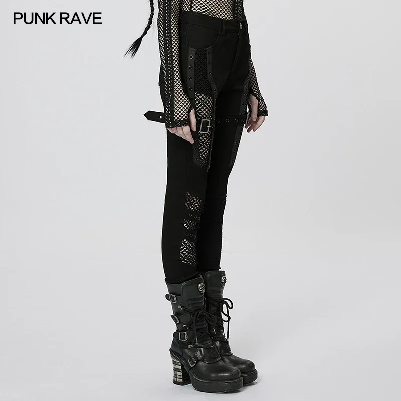 PUNK RAVE Women\'s Punk Twill Denim Fabric & Mesh Splicing Sexy Tight Pants Personalized Slim Trousers Spring/autumn Streetwear