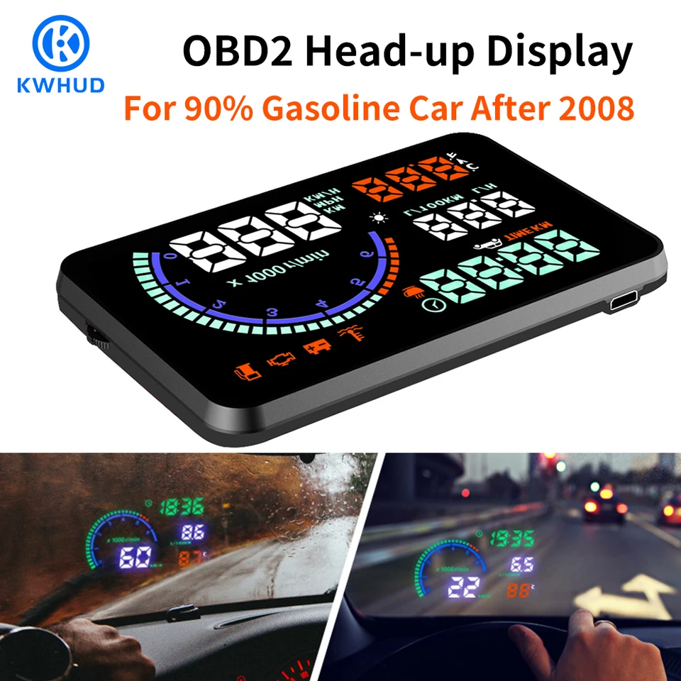 Car Heads Up Display HUD - OBD2 Digital Speed Projector With RPM & Temperature Alerts