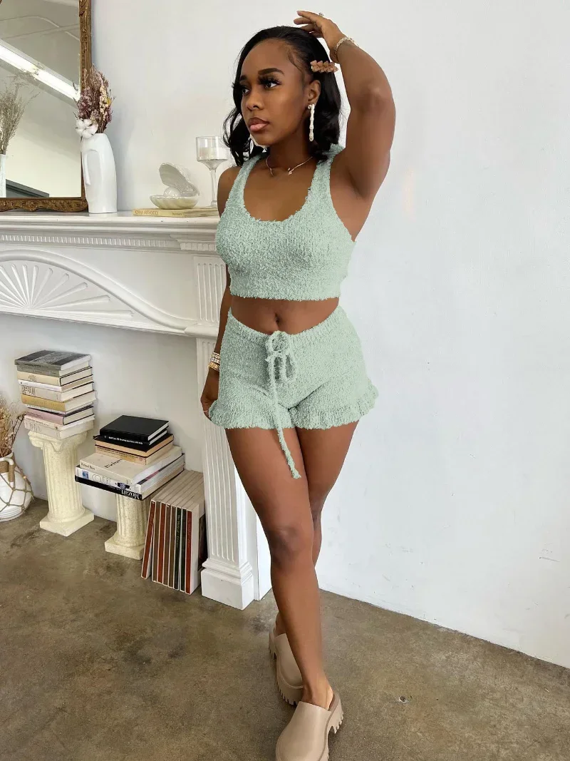 

GUWU Fleece Women's Set Tank Top and Ruffles Flare Shorts Fashion Summer Fitness Acitve Two 2 Piece Set Outfit Tracksuit