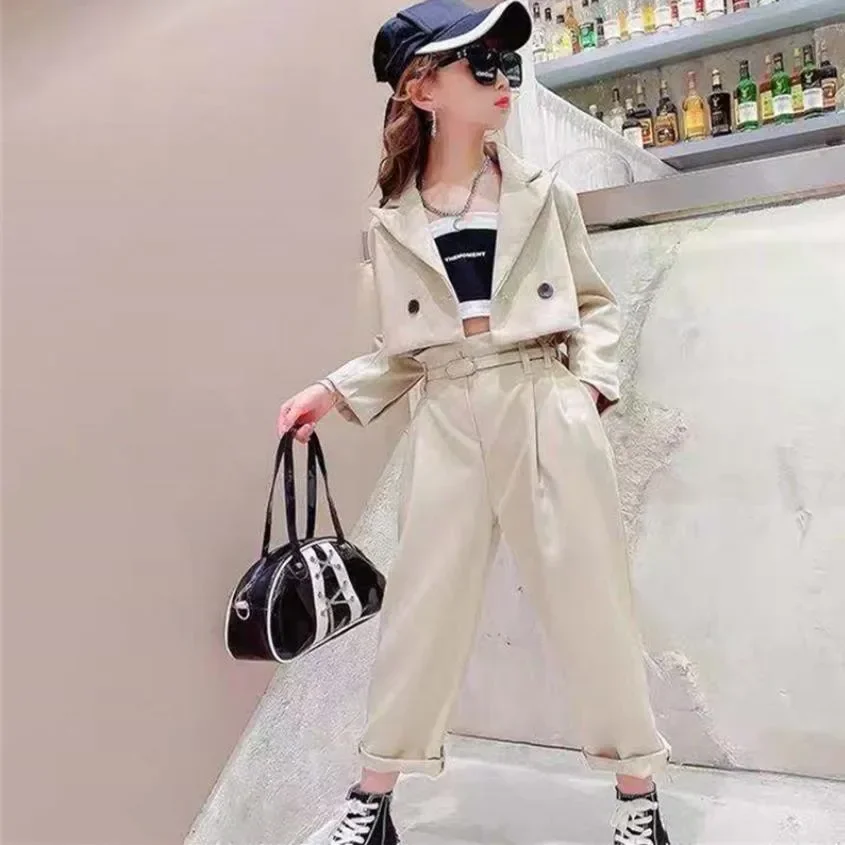 Girls Blazer Suits Clothes Jacket + Pants 2pcs Sets Children Spring Autumn New Fashion Loose Suits Teenage Clothes Suits Wz353