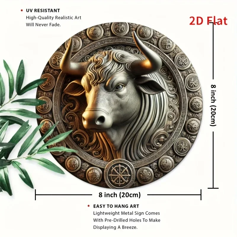 Celtic Zodiac Taurus Metal Wall Art 3D Bull Head Relief Sculpture Vintage Round Sign for Home Gym Outdoor Decor