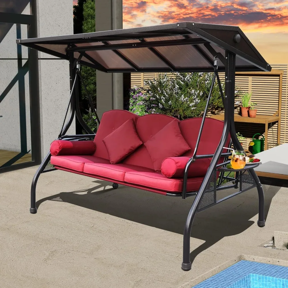 

Hardtop Patio Porch Swing, 3 Seat Outdoor Swing with Convertible Backrest, 2 Side Cup Holder, Thickened Cushion, 4 Pillows for