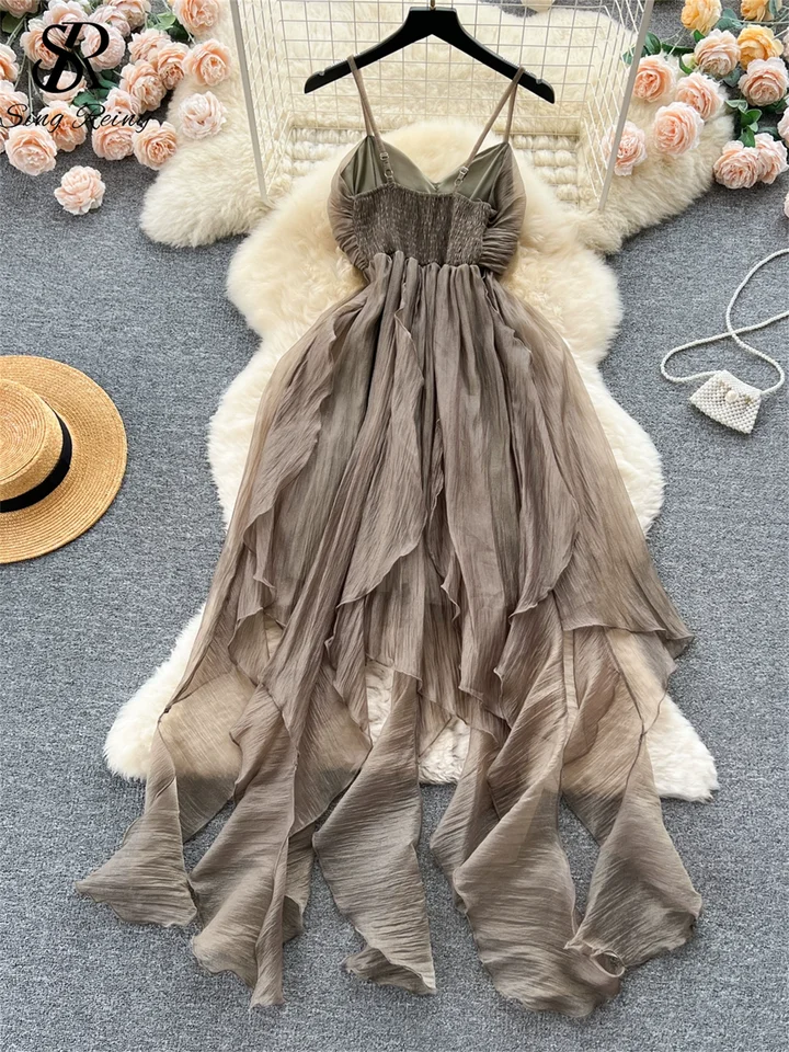 irregular mesh stitching dress summer new dark style dress fashion pleated loose stitching