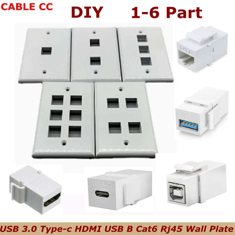 Coax 1-6 Port Keystone Wall Plate DIY, For RJ45 CAT6 / HDMI 4K/ USB3.0 / Type-C 10Gbps / USB B Keystone Coupler Female to Female