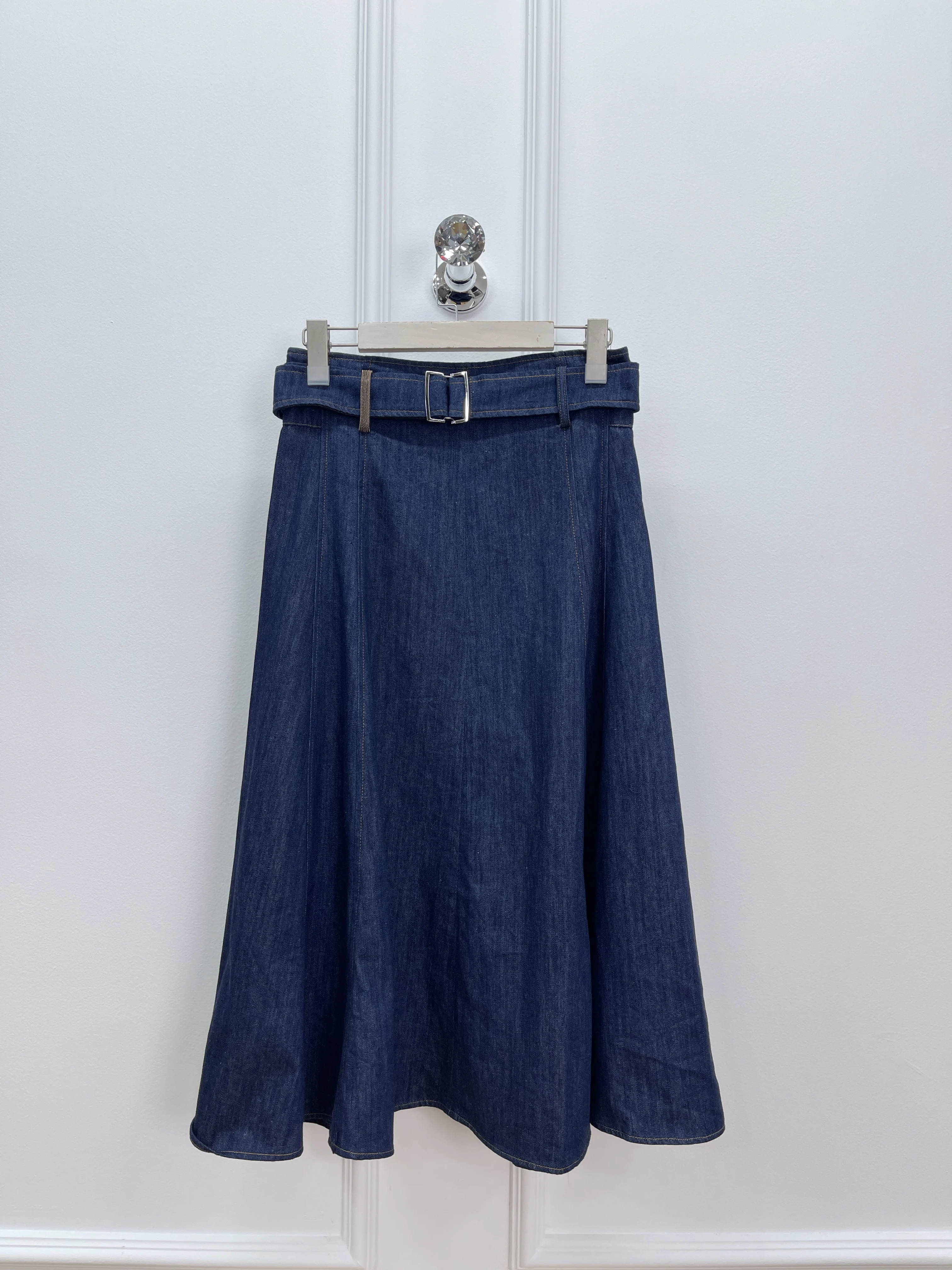 French Style Women Fashion 100% Cotton Blue Denim Midi Skirt W/t Belt Elegant Lady All Match High Waist A-line Half Body Dress