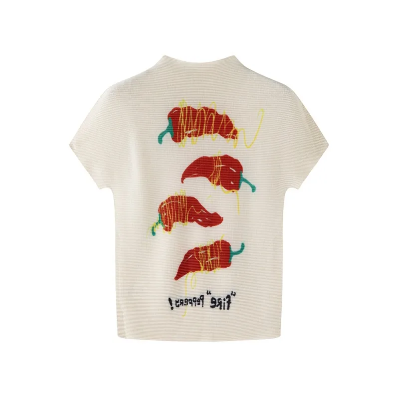 

Футболка Miyake с плиссированным принтом «Чили», летняя новинка 2026 года, элегантный топ с воротником-стойкой, приталенный крой, уникальный стиль для женщин