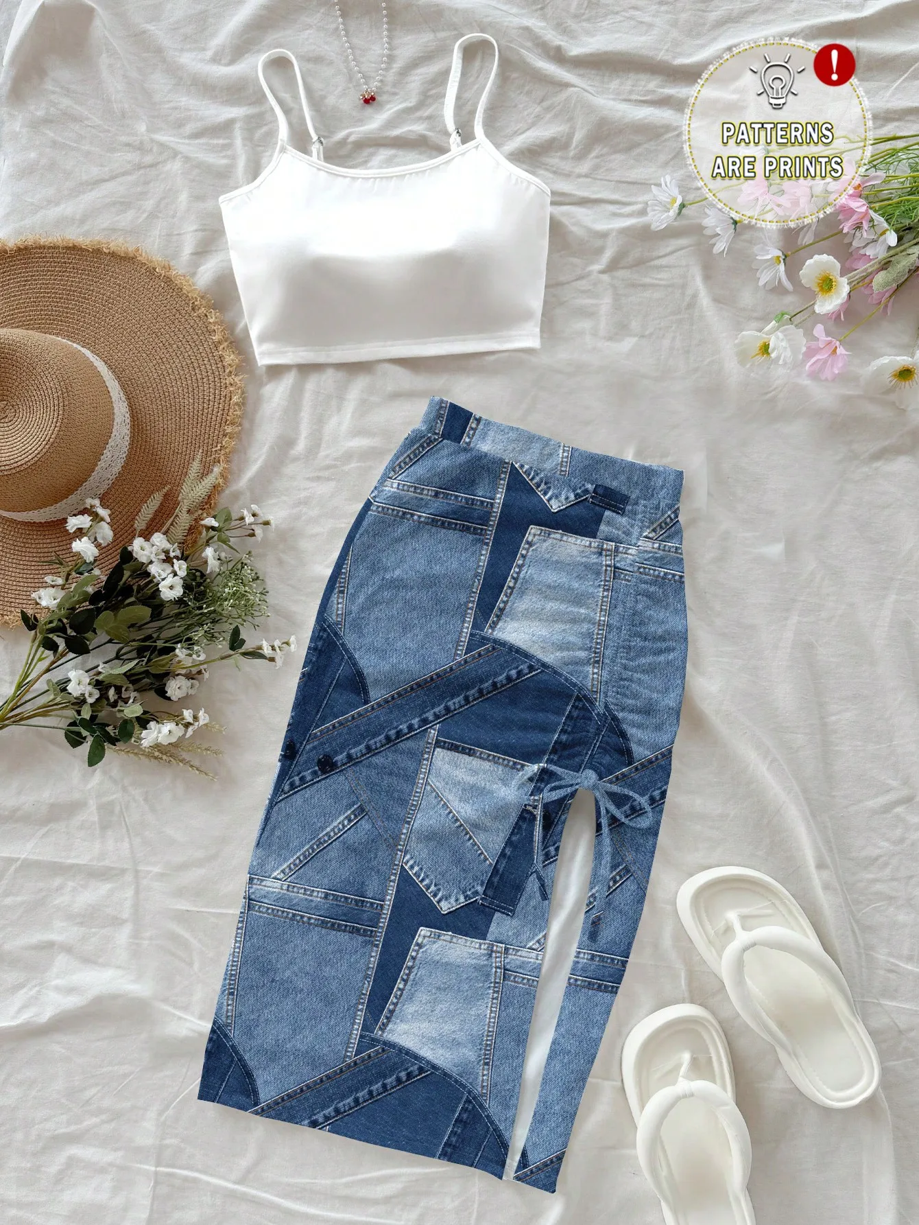 

Женский комплект из двух предметов: джинсовая юбка с принтом в стиле пэчворк и белый топ на бретельках для лета