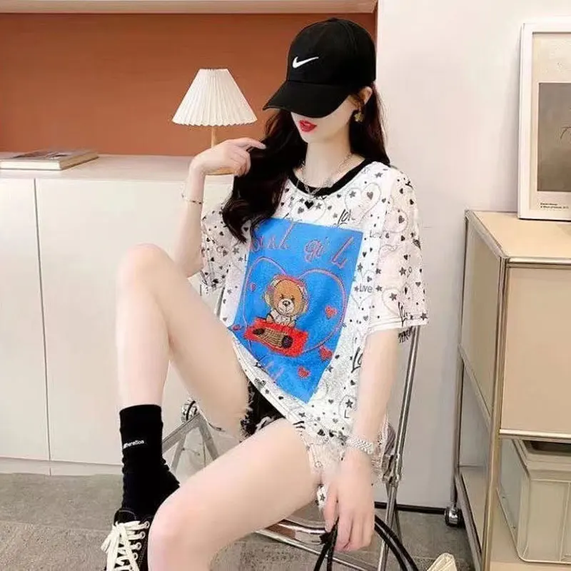 Summer Thin Streetwear T-shirt Fashion Letter Cartoon Printed Female Clothing Loose Backless Patchwork Chic Diamonds Pullovers