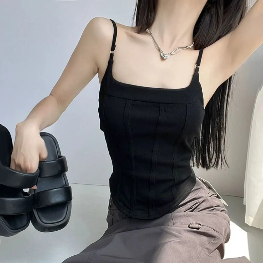

Fashion with Padded Women Vest Cotton Solid Color Sleeveless Camisole Beauty Back Spicy Girl Style Slim Crop Top Summer