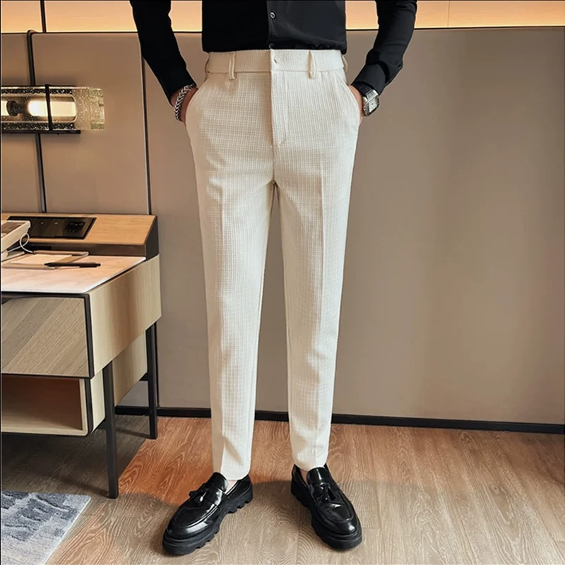 Men\'s Waffle Casual Pants Fashion Korean Stretch Waist Business Formal Pants Mens Social Party Suit Pants Streetwear Pencil Pant