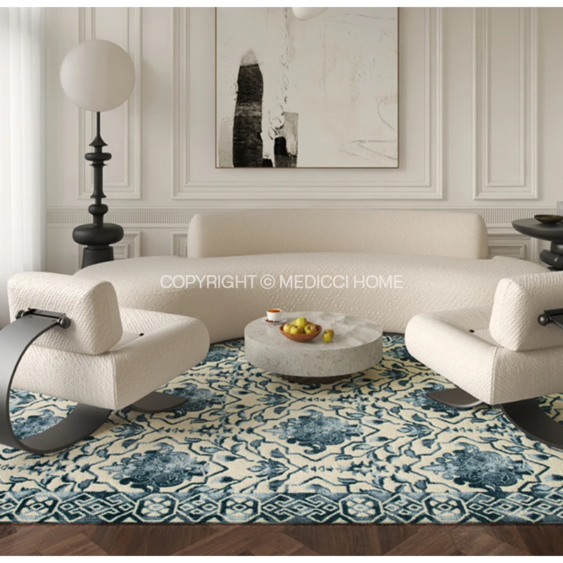 Medicci Home French Blue And Croup Cyan Wool Carpet Oriental Geometric Floral Decorative Luxury Area Rugs Mats For Mansion Villa