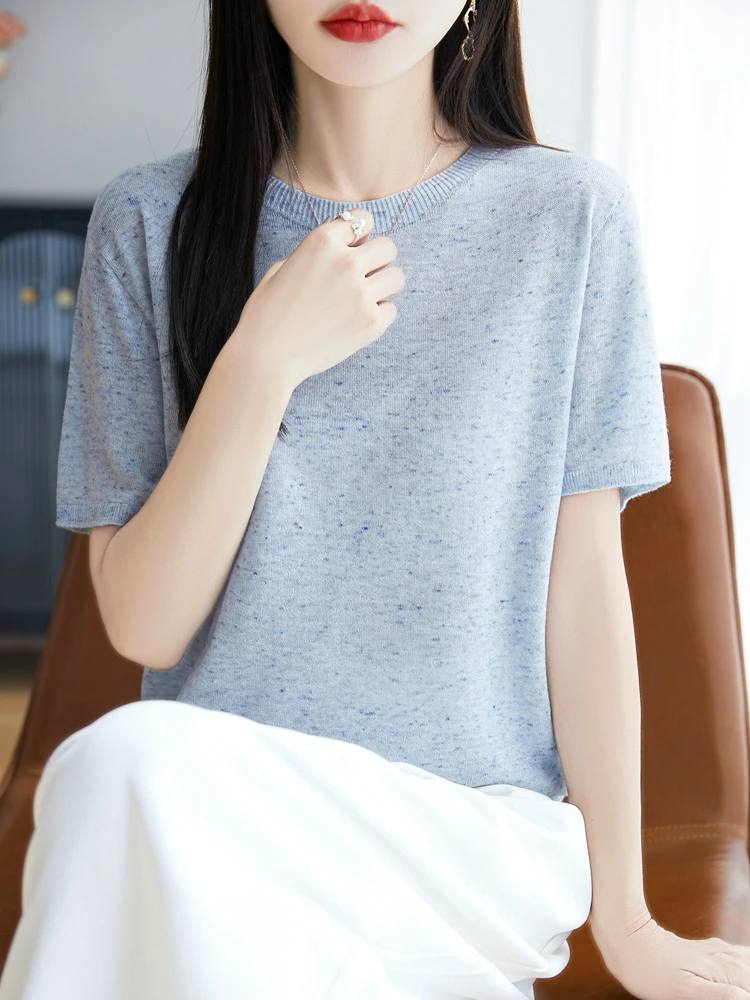 

Весна-лето Новый круглый Ne Knitted ort Sve женский свободный утягивающий повседневный универсальный топ вязаный T irt удобный крой