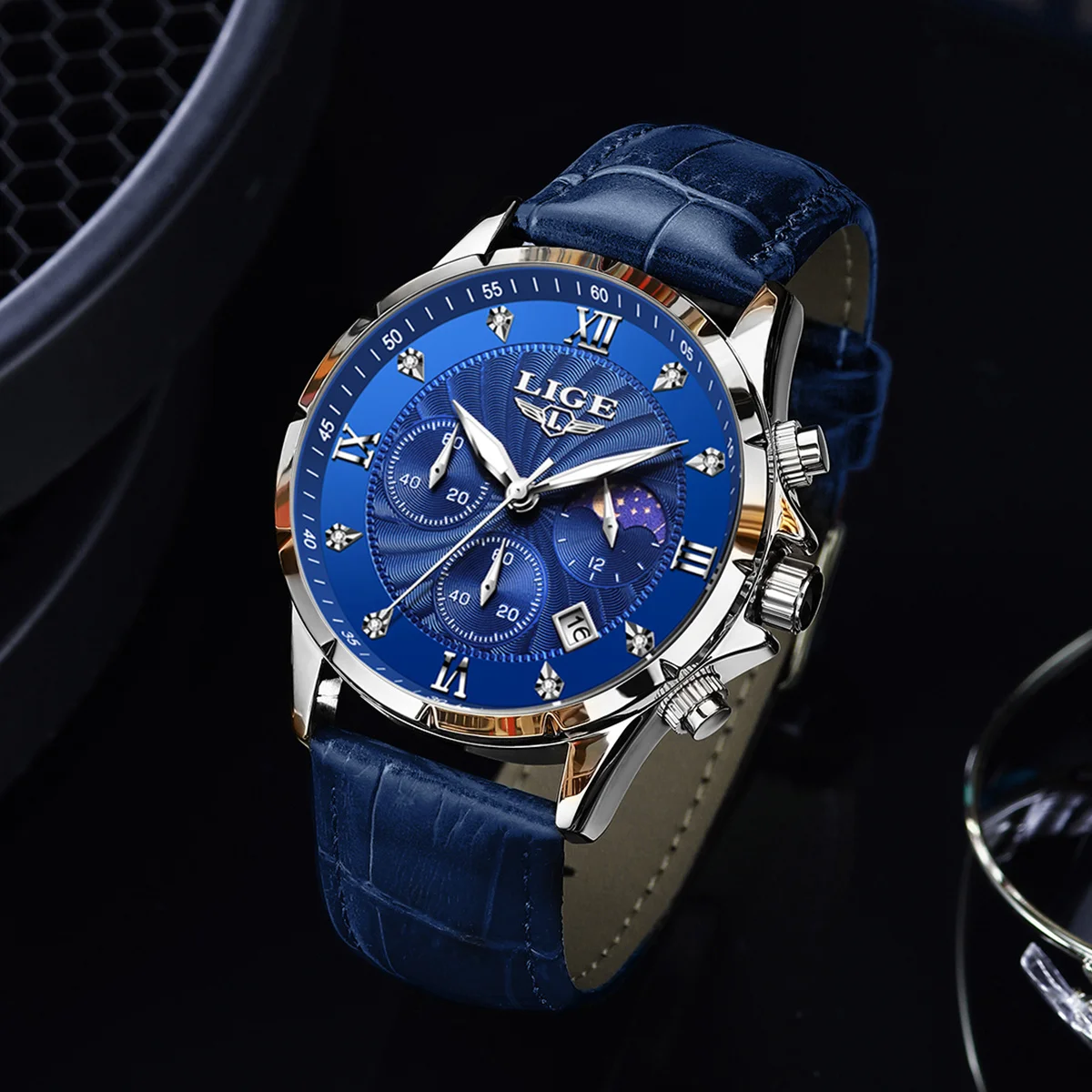 LIGE New Leather Strap Men's Watch Fashion Moon Phase Luminous Business Quartz Watches Waterproof Date Chronograph Man Watch