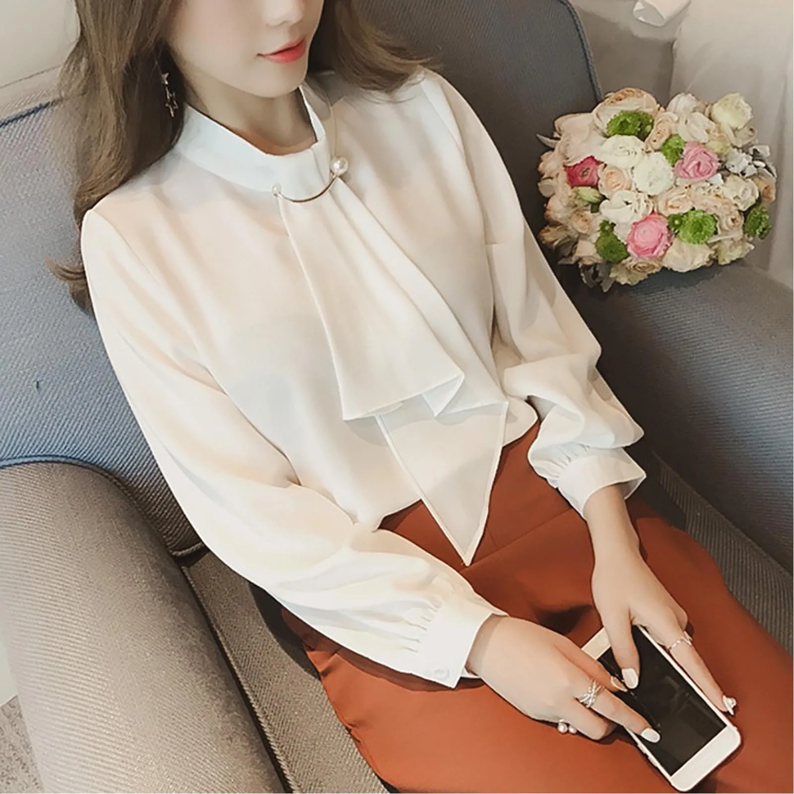 Women Elegant Blouse Women\'s Clothing Loose Lantern Sleeve Pullover Top Long Sleeve Chiffon Summer Casual T-shirt Blusas Mujer