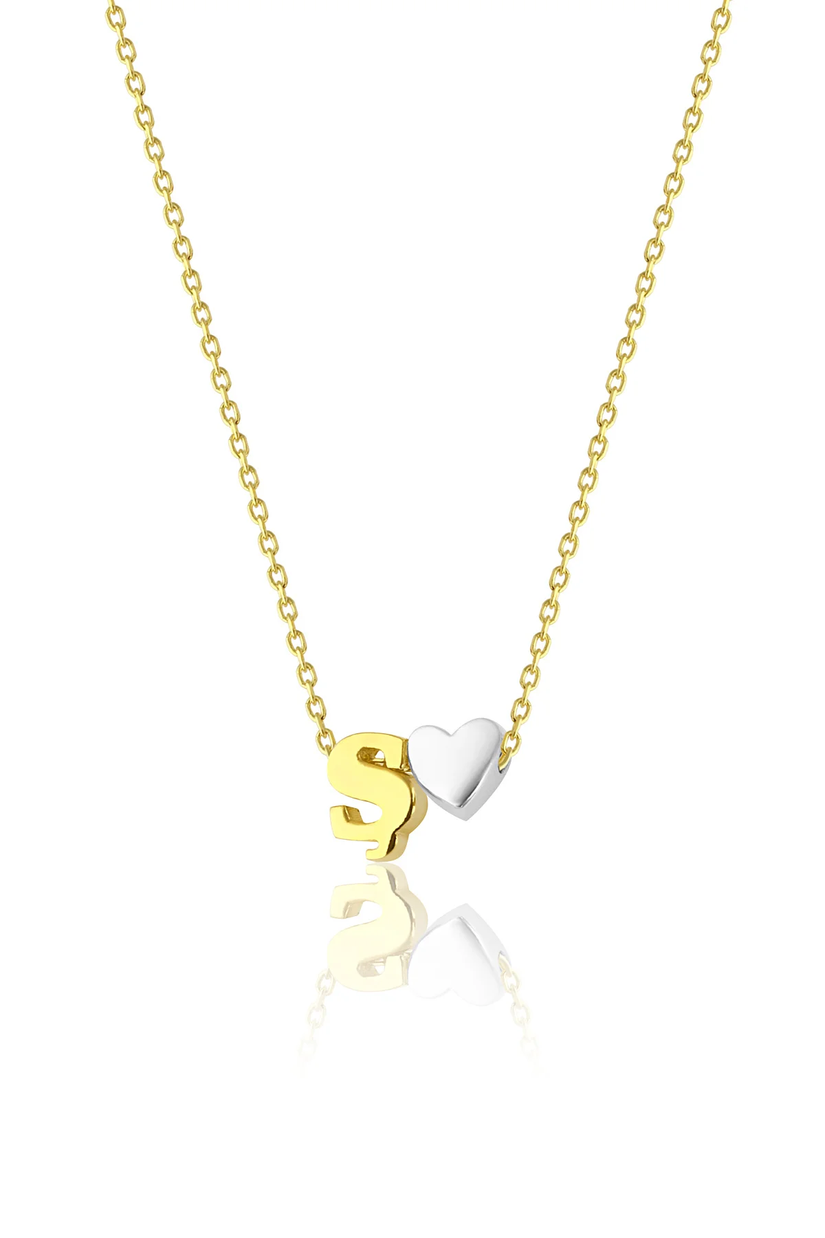 Gold Plated Silver S with Dot Letter with Heart Pendant Necklace