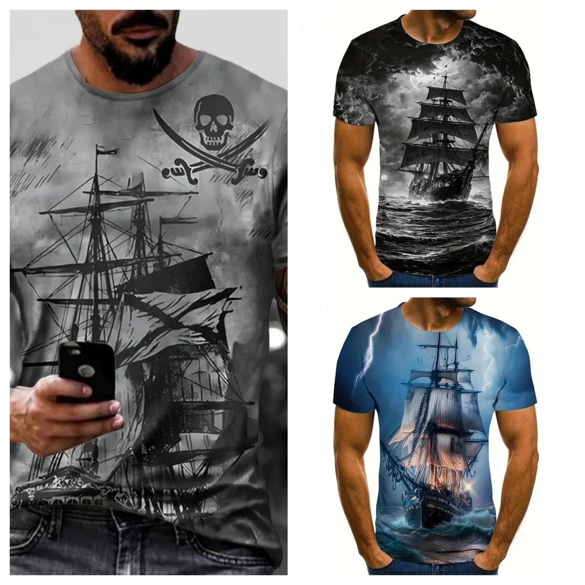 

Pirate Ship Pattern Print Men's Clothing T-Shirt for Men Short Sleeve Tee Gym Clothing Men Male T-Shirt Pirate Ship Clothes