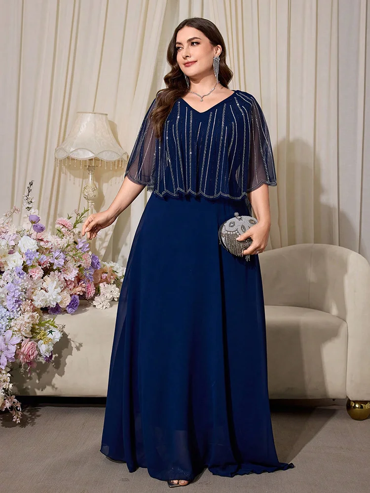 TOLEEN Elegant Plus Size Rhinestone Applique V-Neck Long Formal Dress, Flared Evening Gown With Contrast Mesh Wedding Party Fall