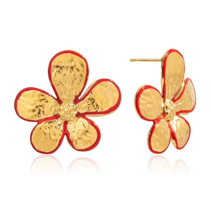 

Minar New Chic Red Enamel Double Color Metallic Flower Dangle Earrings for Women 18K Gold PVD Plated Titanium Steel Non Tarnish