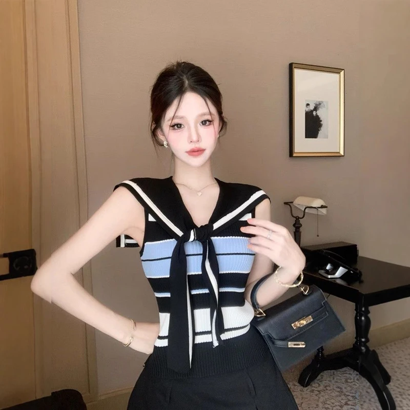Summer College Style Sweet Navy Collar Striped Sleeveless Slim Knitted Vest For Women