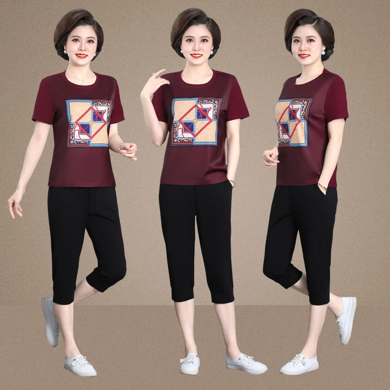 

Summer Sportswear Set for Middle-Aged Women ort Sve T-irt Top Two-Piece Ensemble Faionable ly Ladies Outfits