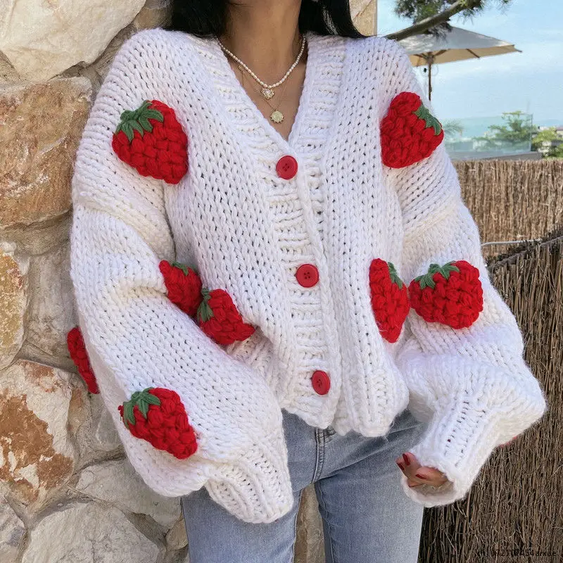 

Oversize Women Sweater Cardigan Spring Autumn Puff Sleeve Strawberry Sweet Full Cardigans Loose Girls Sweater Euro-America Style