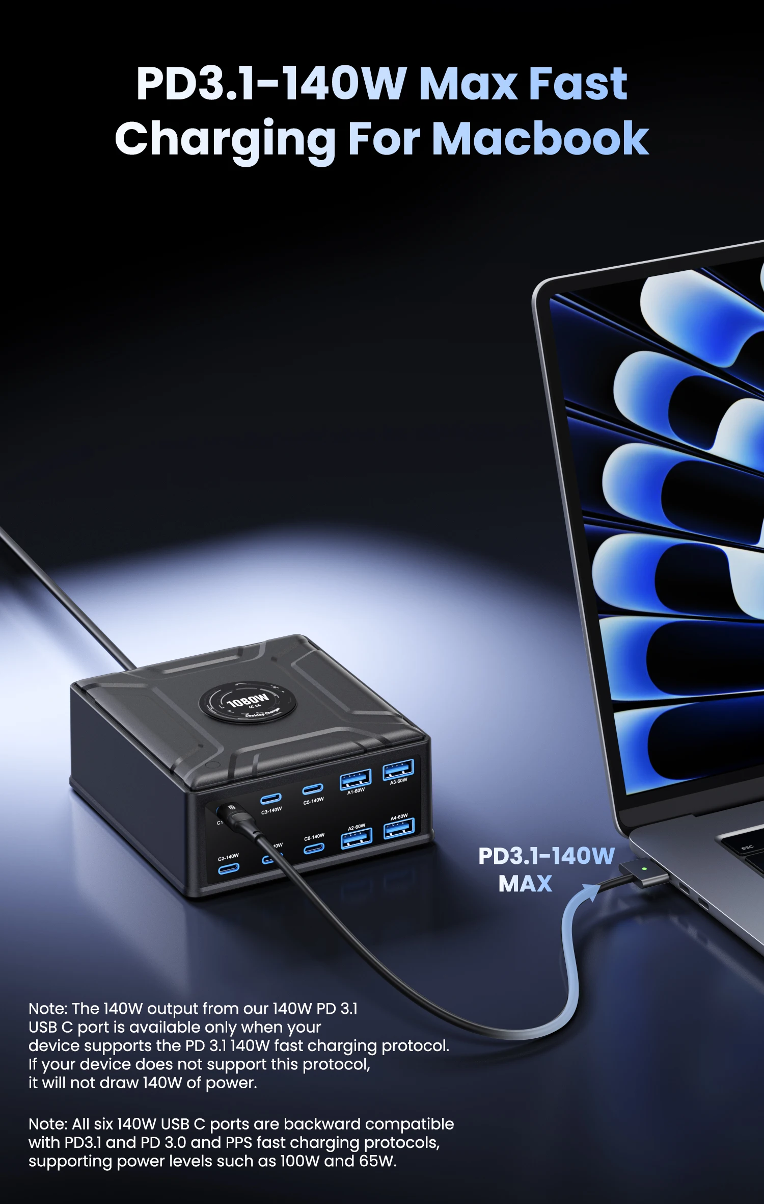 10-Port-GaN-USB-Typ-C-Ladegerät 140W PD3.1 PPS QC4.0 100W Multiport-Schnellladestation für iPhone 17 Samsung Laptop Macbook – Detail 4