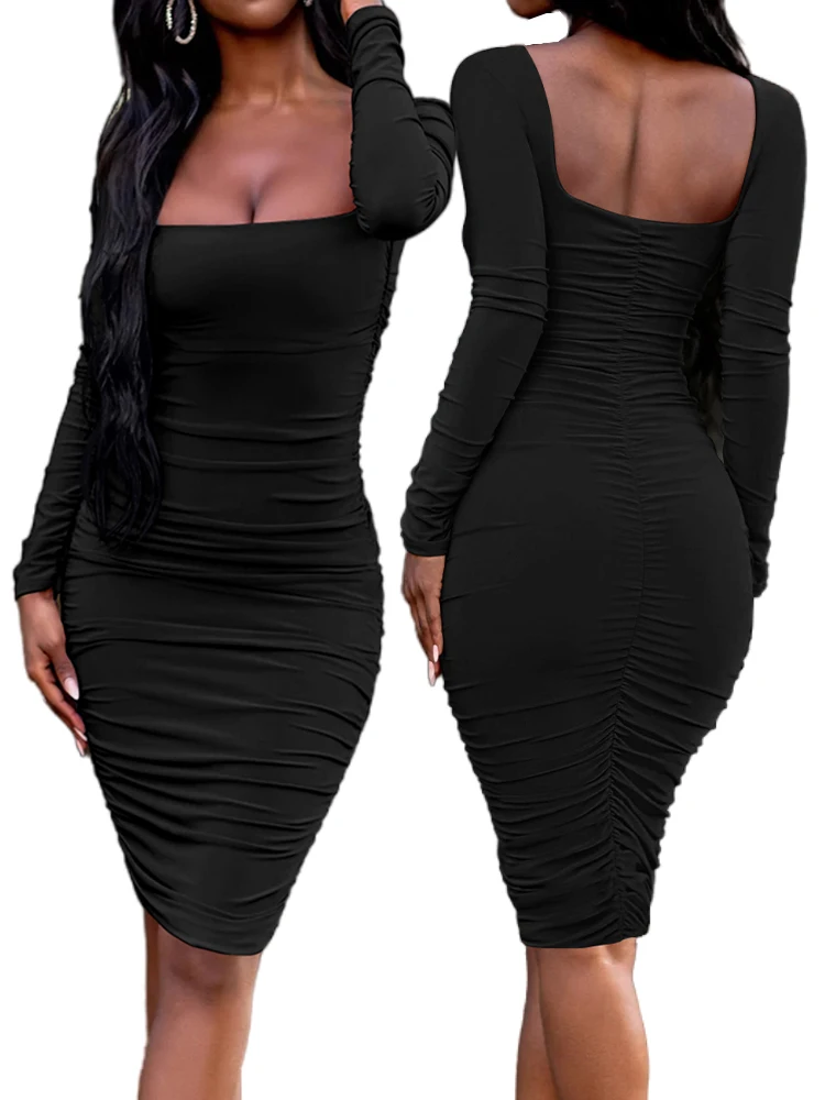 Autumn Winter Long Sleeved Dresses Women\'s Fashionable Temperament Square Neck Midi Dress Sexy Party Club Dress