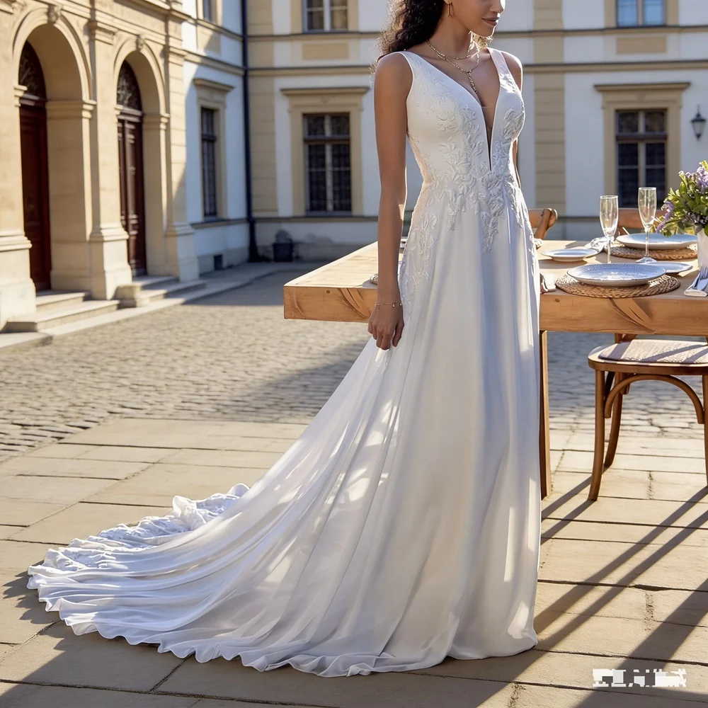 

Customized Elegant Long Wedding Dresses Lace V-Neck Floor-Length A-Line Brides Dress Women Vestidos De Novias Gowns 2026