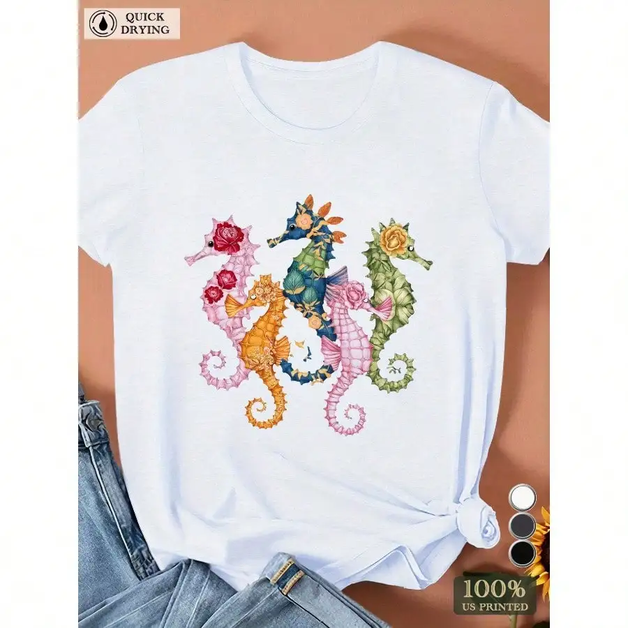 

Women'S Casual T-Shirt with Unique Seahorse Floral Design Soft Polyester Short Sleeve Round Neck Perfect for All Seasons Funny