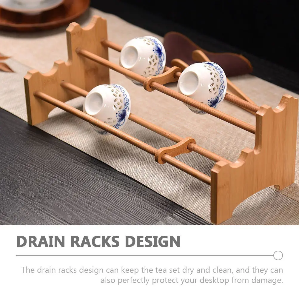 Bamboo Tea Cup Storage Rack with Drain Racks for Drying and Organizing Teaware Office Tea Room Display