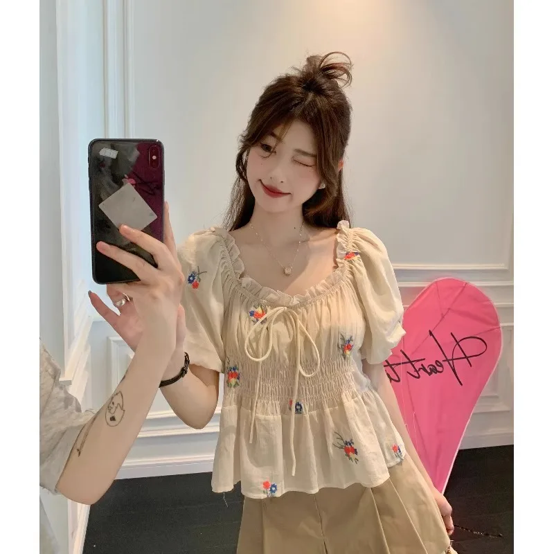 2024 Summer French Dressy Sweet Short Sleeve Top Tees Floral Bubble Sleeve Shirt Large Size Slim Blouse Women's Clothing Y2k 티셔츠