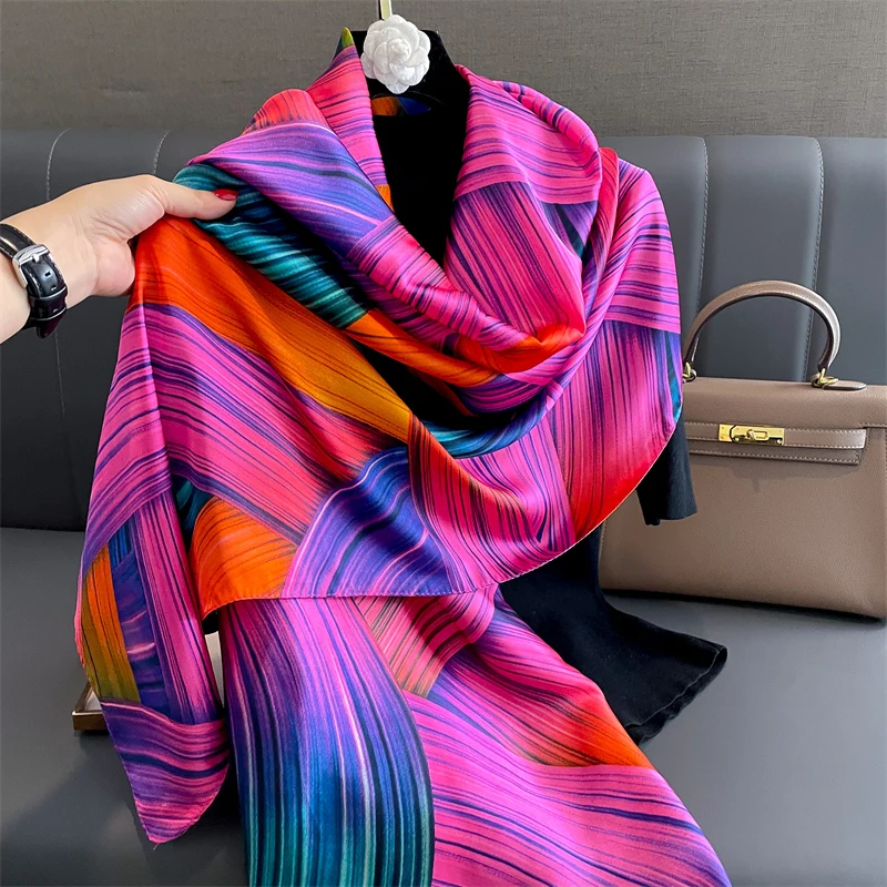 Fashion 180x90cm Satin Silk Scarf Women Luxury Large Shawl Wrap Muslim Hijab Headband Beach Stoles Female Bandana Foulard Turban