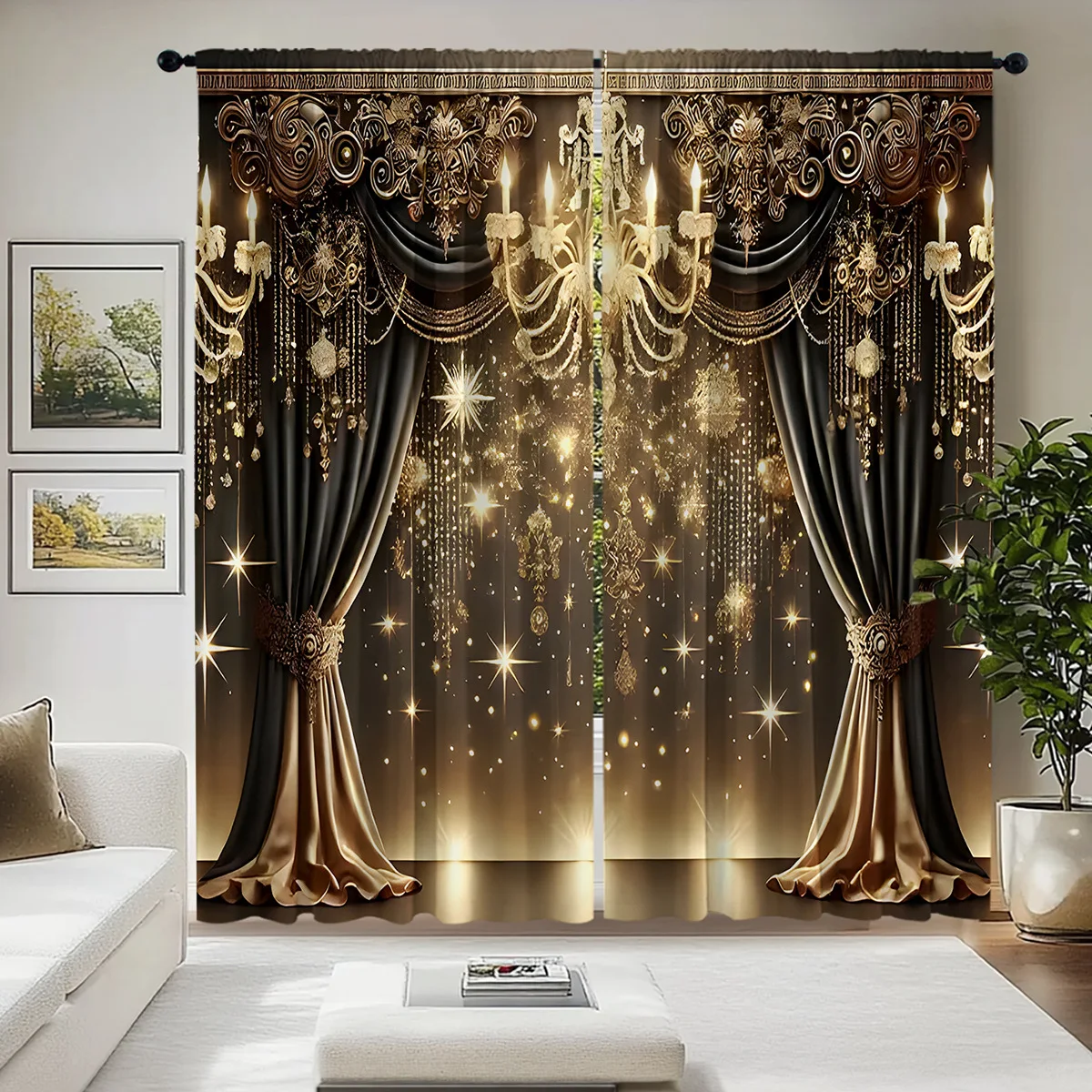 2pcs Luxury Gold Chandelier Curtains Black Velvet Sparkle Window Drapes Elegant Vintage Decor Living Room Bedroom