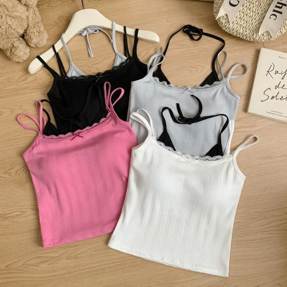 Sweet Sleeveless Lace Trim Camisole Underwear Slim Tie Back Camisole Top With Padded Cups Vest Corset for Women