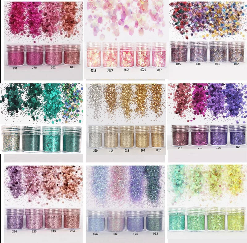 4Color/set Iridescent Mix Nail Art Sequins 0.2mm 1mm 3mm Hexagonal Sequins Nail Art Decoration Sparkle Chunky Glitter Flakes 10g