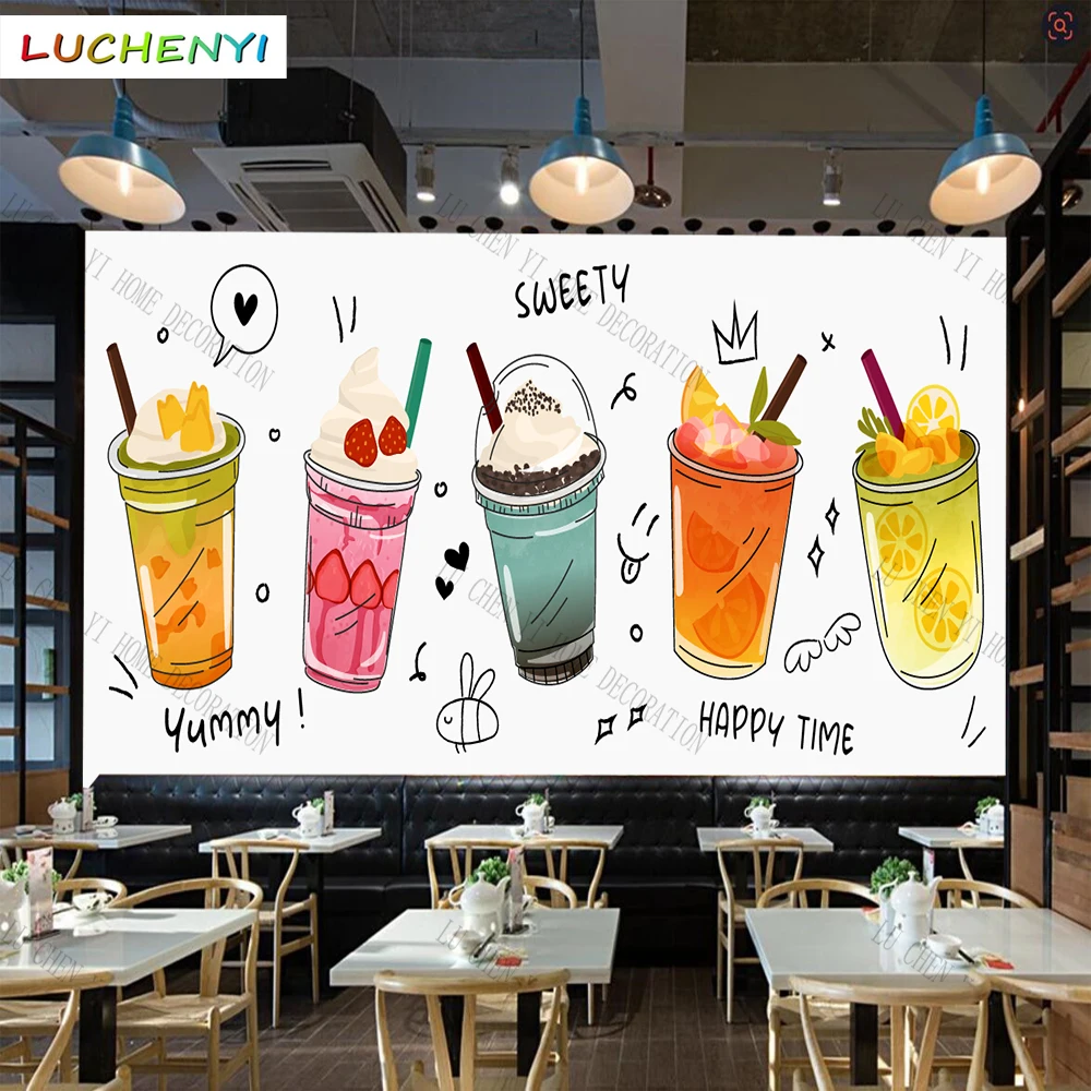 Custom colorful bubble tea juice 3d wallpaper mural restaurant juice shop kitchen dining room wall papers home decor sticker